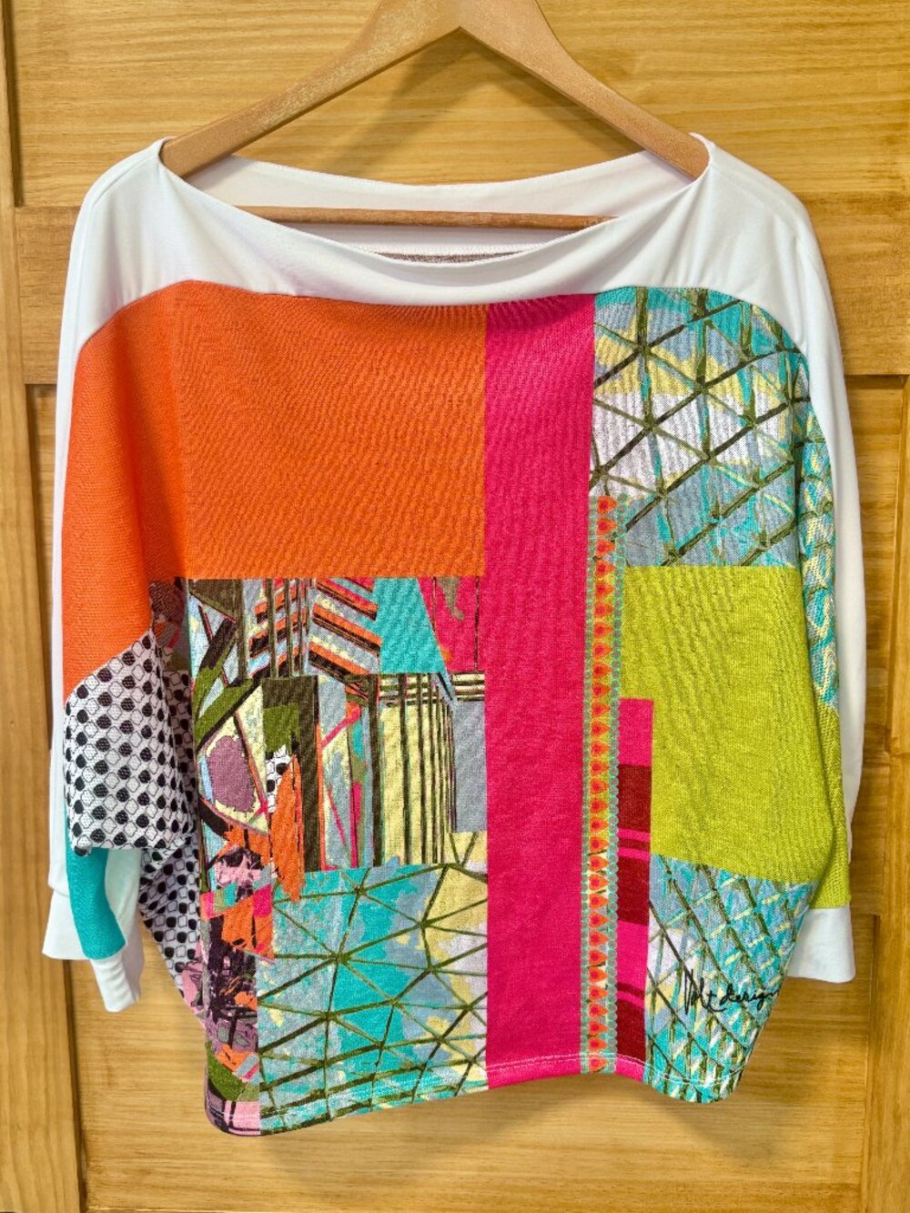 Volt Design Art To Wear Colorful Patchwork Abstract Dolman Sweater Top size 3/L
